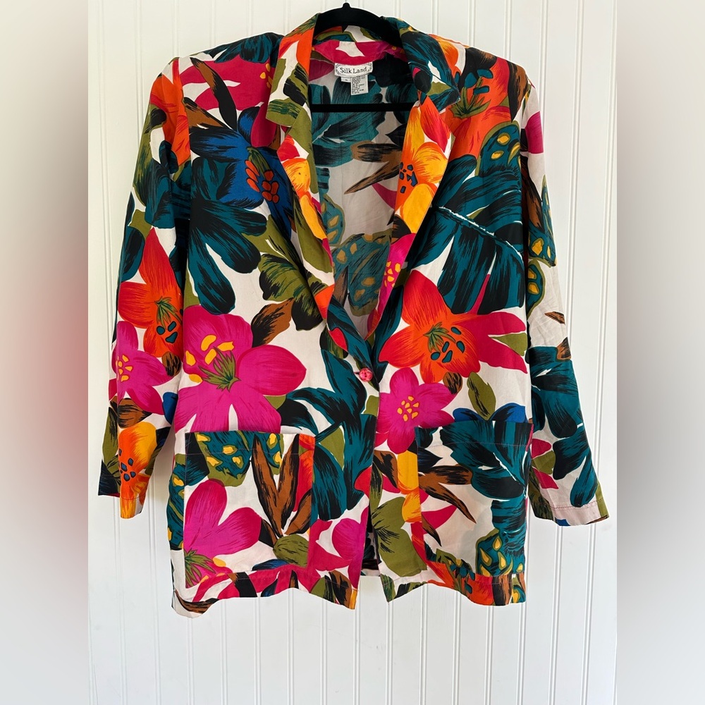 Vintage Silk Land Blazer 100% Silk Lightweight Bright Bold Floral Oversized